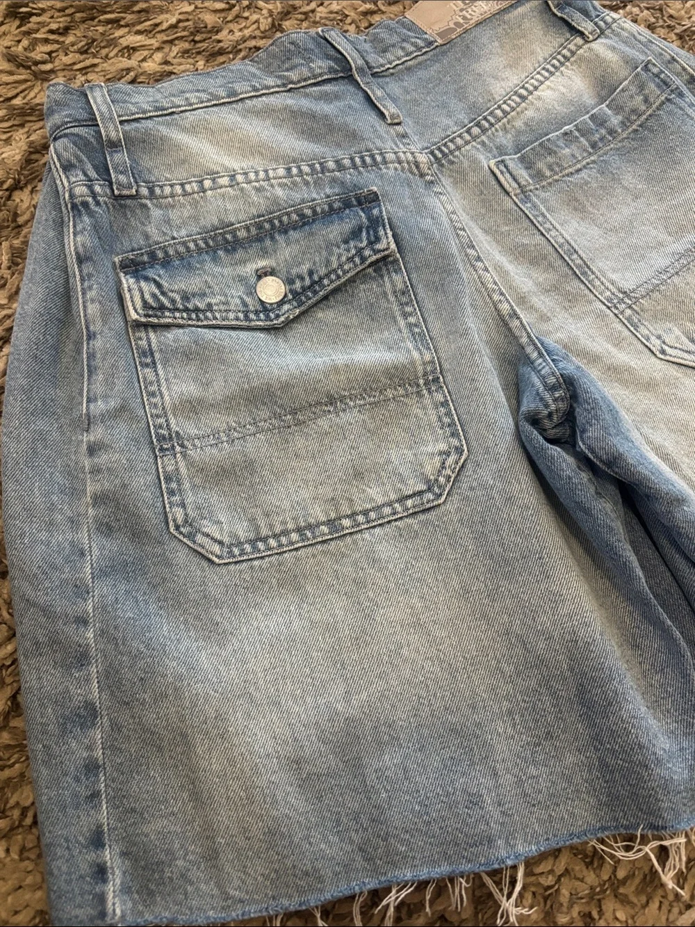 We The Free Boomerang High Rise Long Short Light Wash Frayed Denim Cutoff Shorts